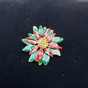 Vintage Poinsettia Flower Christmas Enameled Brooch Pin